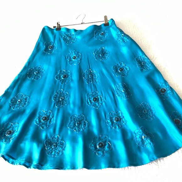 WD.NY Teal Blue 100% Silk Beaded Floral A-Line Skirt Size 12 - Picture 9 of 10